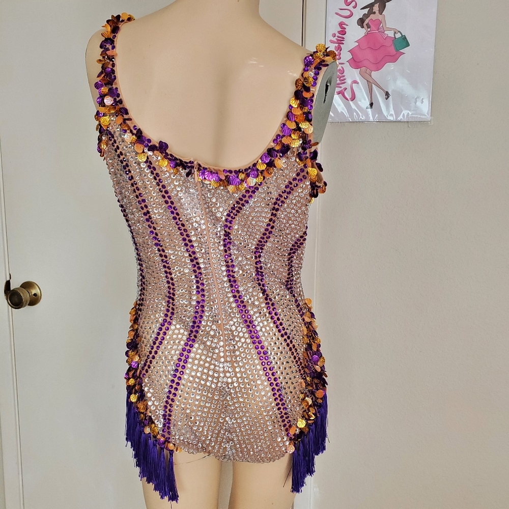 Embellished Purple & Gold One-Piece Rave Bodysuit - Picture 5 of 6